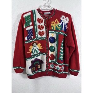 Vintage Karen Scott II Cardigan Sweater Womens 2X Red Ugly Christmas Angel Tree